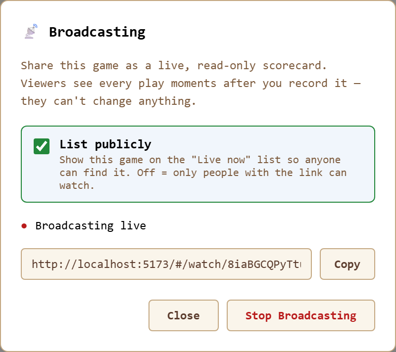 The Go Live dialog in Chadwick's Revenge, showing a broadcast in progress with a shareable spectator link and a Stop Broadcasting button