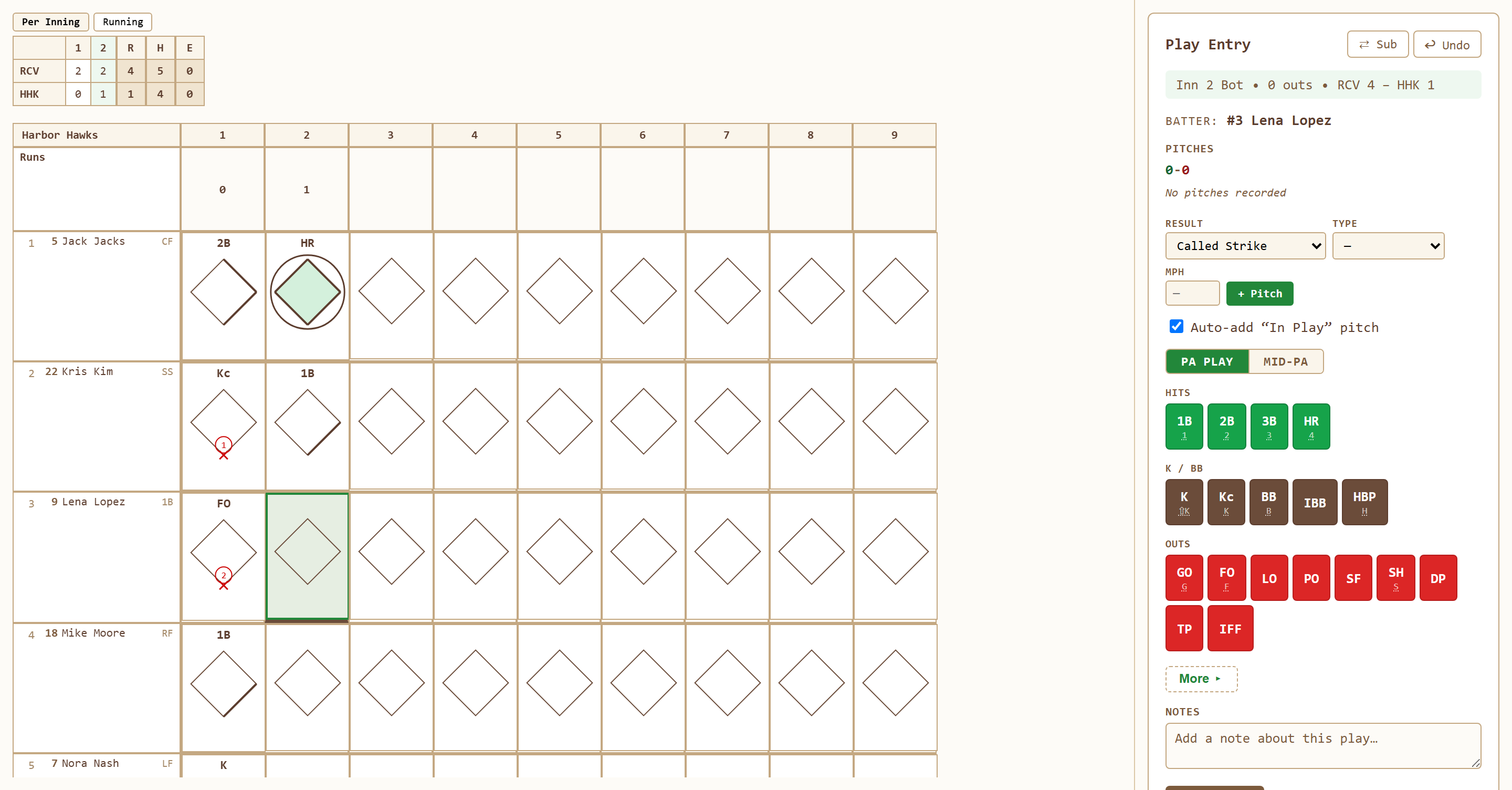 A printable baseball scorecard filled in with traditional diamond notation for a full lineup, ready to print or save as a PDF