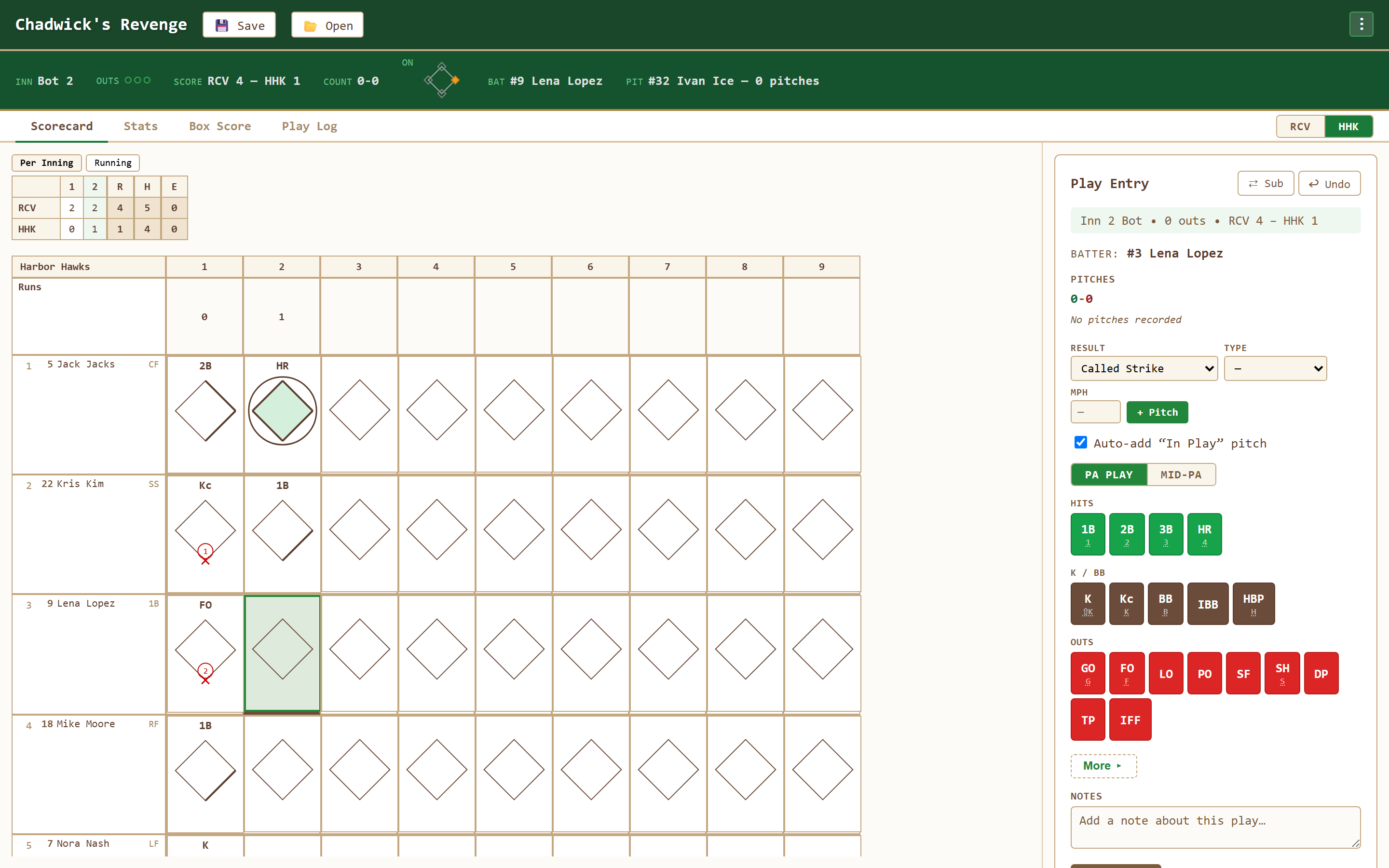 A baseball scorecard in Chadwick's Revenge using the traditional position numbers and diamond notation popularized by Henry Chadwick
