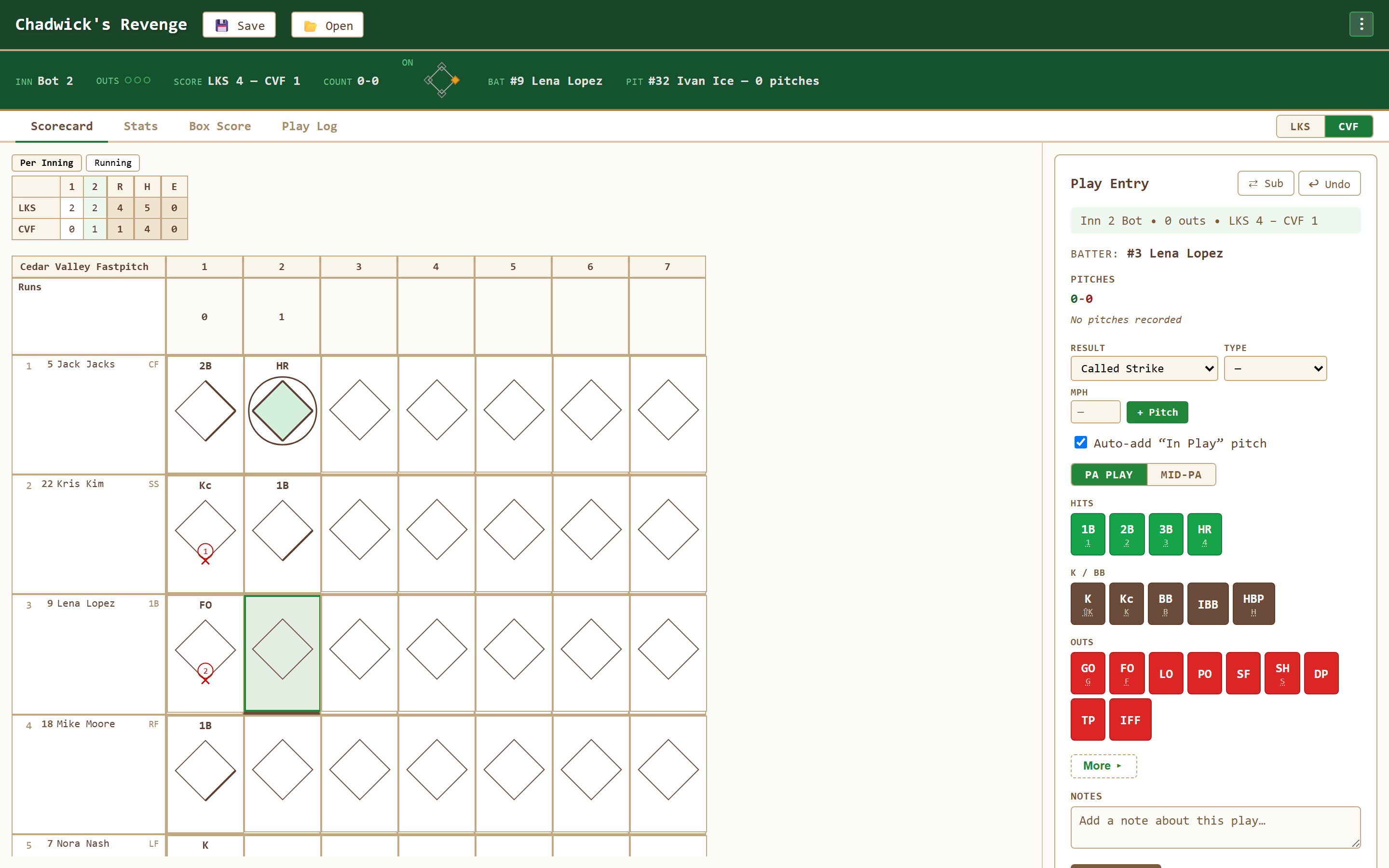 A printable softball scorecard filled in with traditional diamond notation for a full lineup, ready to print or save as a PDF