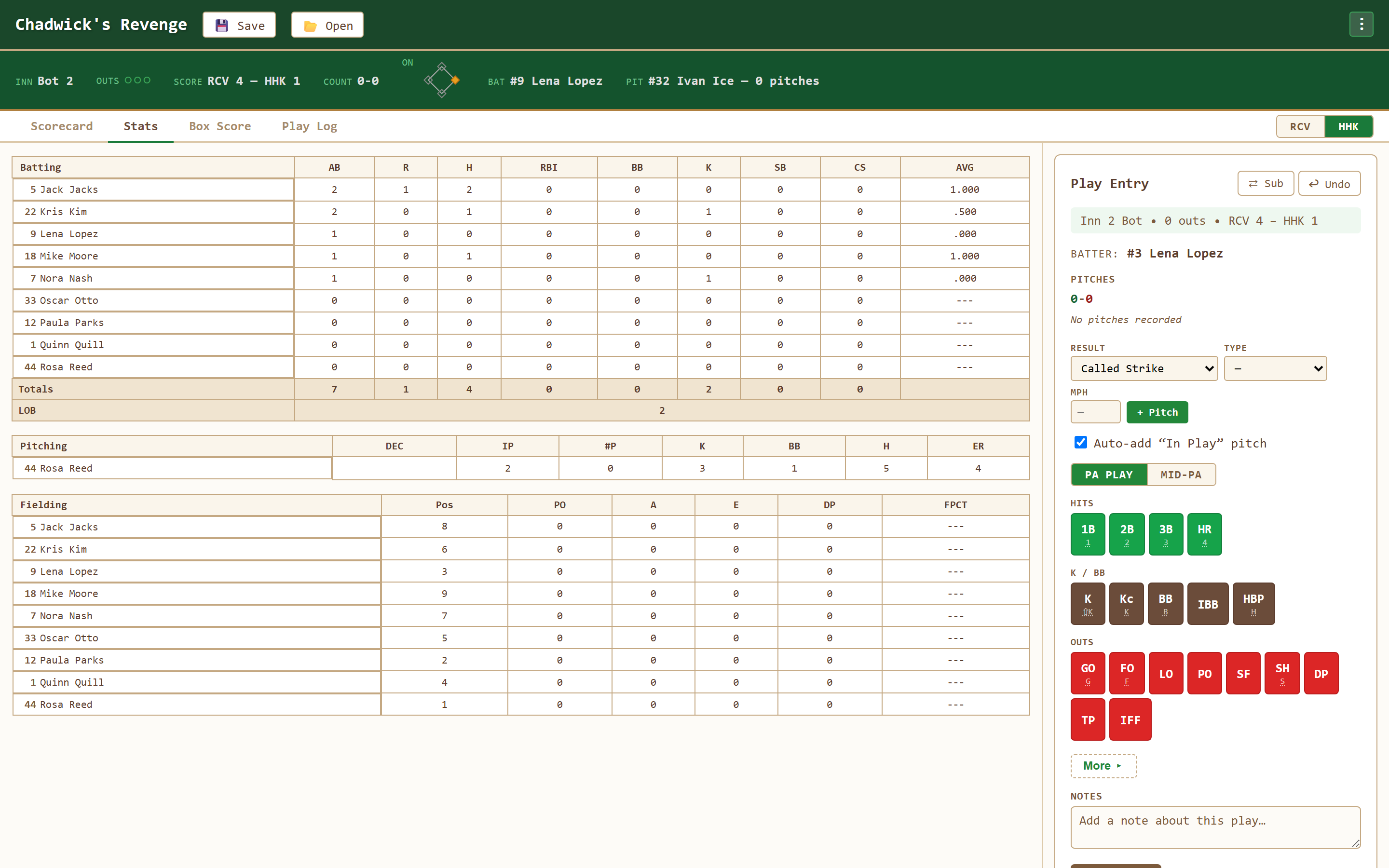 Batting, pitching, and fielding statistics tables computed automatically from the scorecard