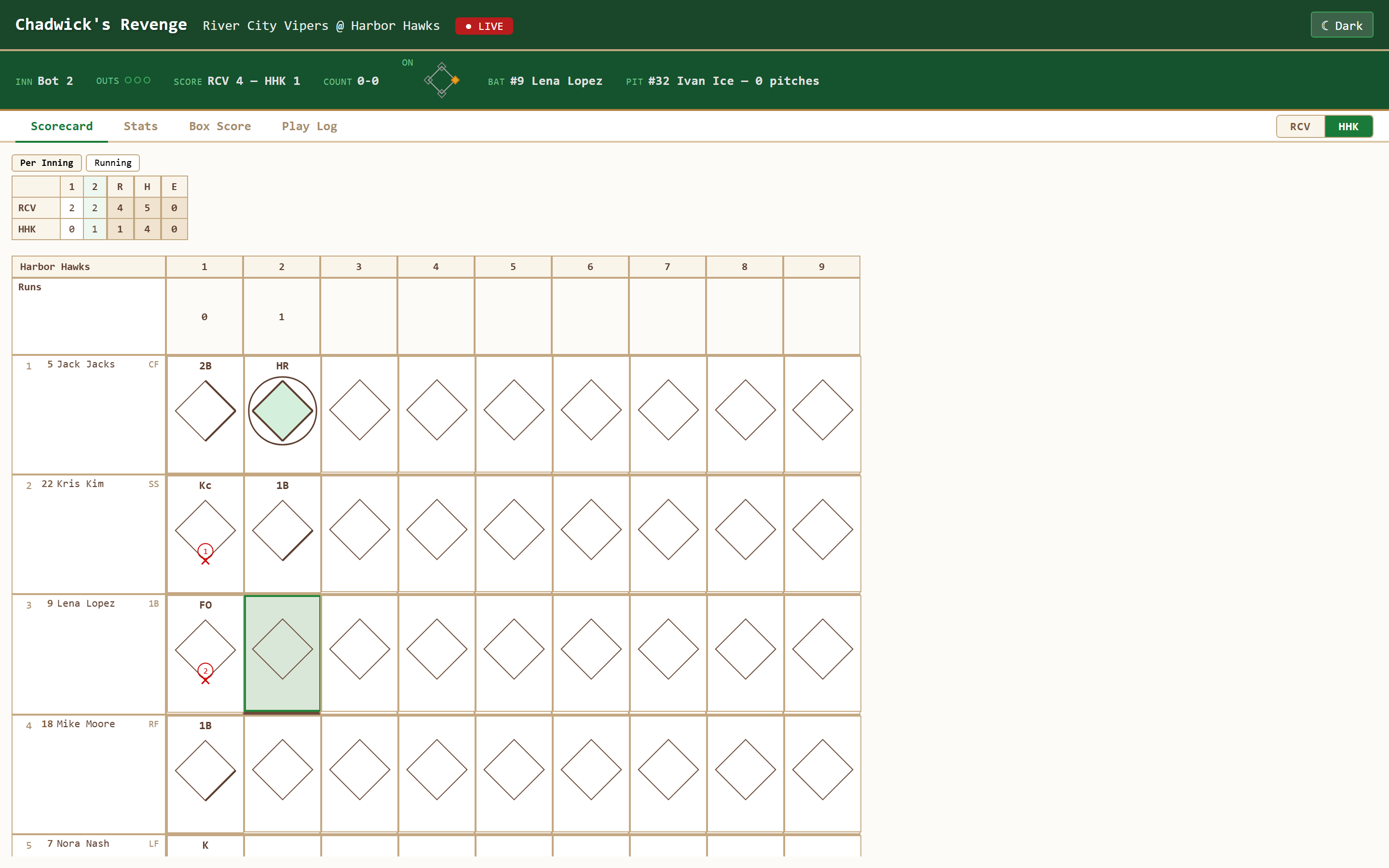 A live spectator view of a baseball game in Chadwick's Revenge, showing the LIVE badge, matchup, score, and an updating scorecard for River City Vipers at Harbor Hawks